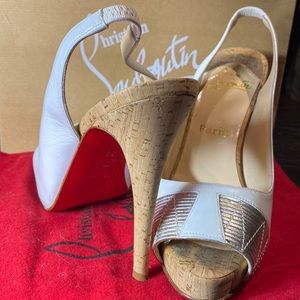 Christian Louboutin white and silver 5” cork heel with beautiful red bottoms